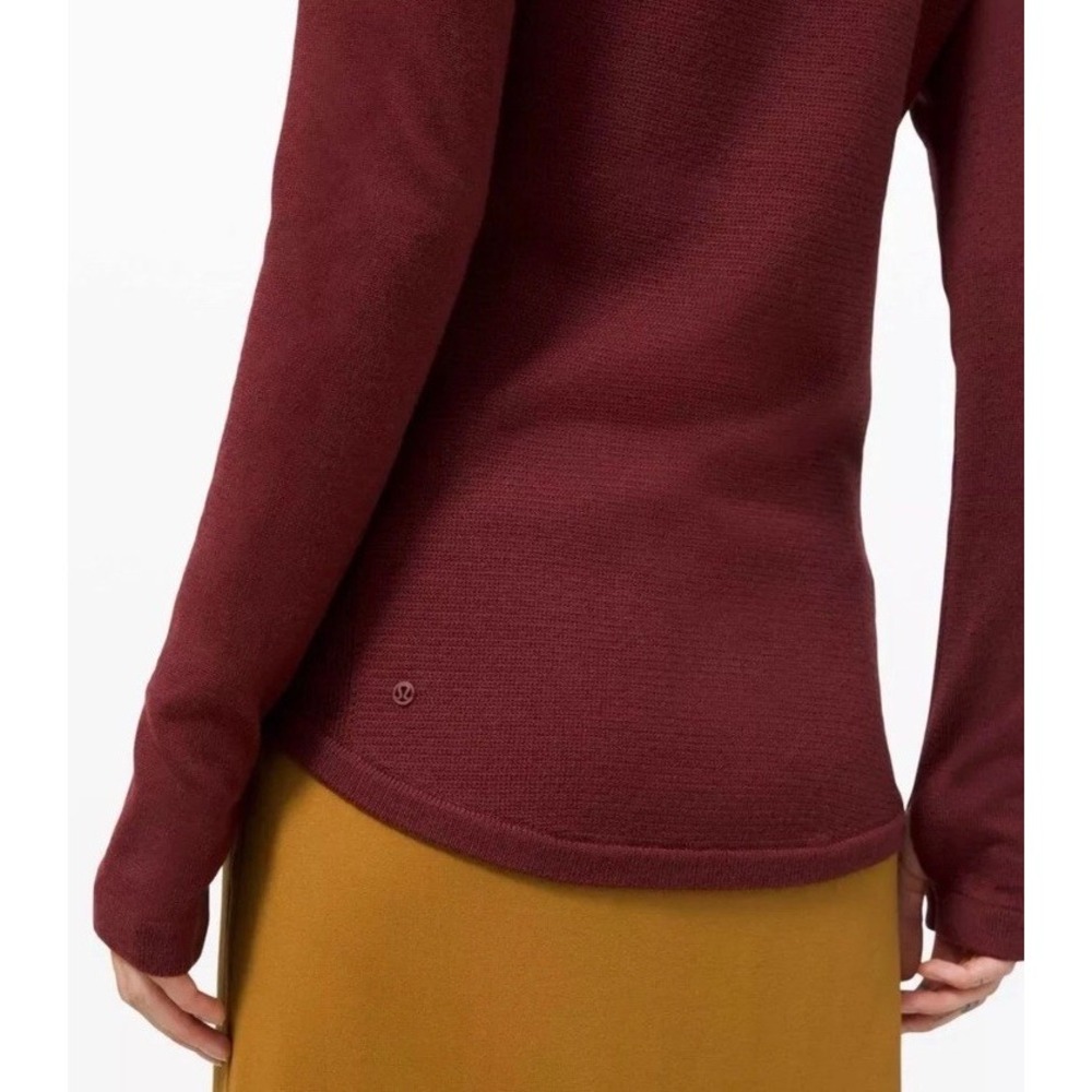 LULULEMON Sit In Lotus Sweater Merino Wool Long Sleeve Wine Maroon Thumbhole 6 - Picture 4 of 5